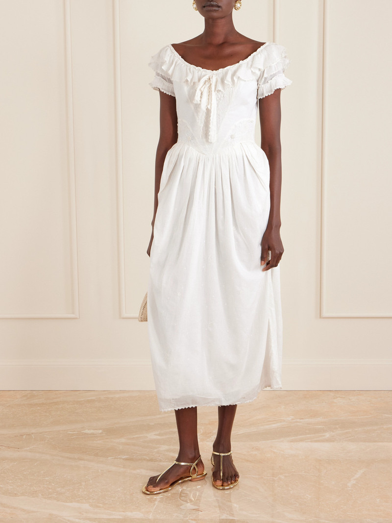 Thierry Colson Falbala Off-the-shoulder Bow-detailed Ruffled Pleated Embroidered Cotton-voile Midi Dress outlook