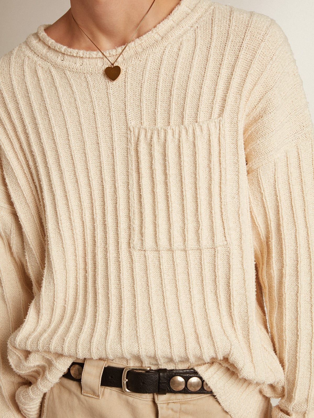 Round-neck sweater in papyrus-colored cotton-blend yarn - 5