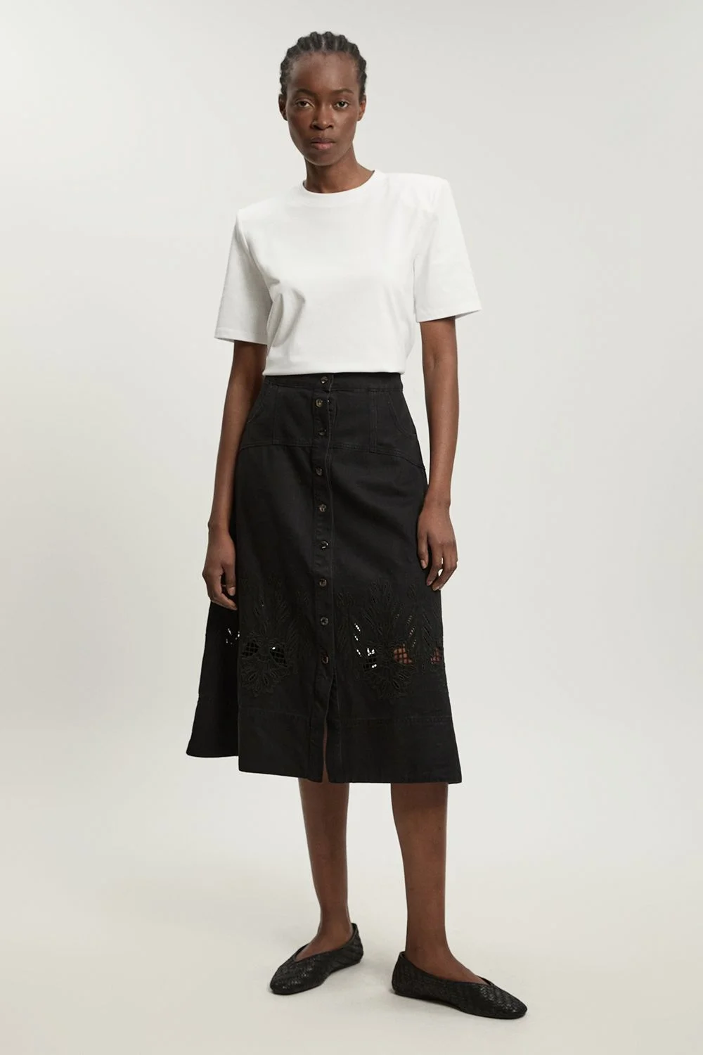 Denim Cut Out Full Midi Skirt - 1
