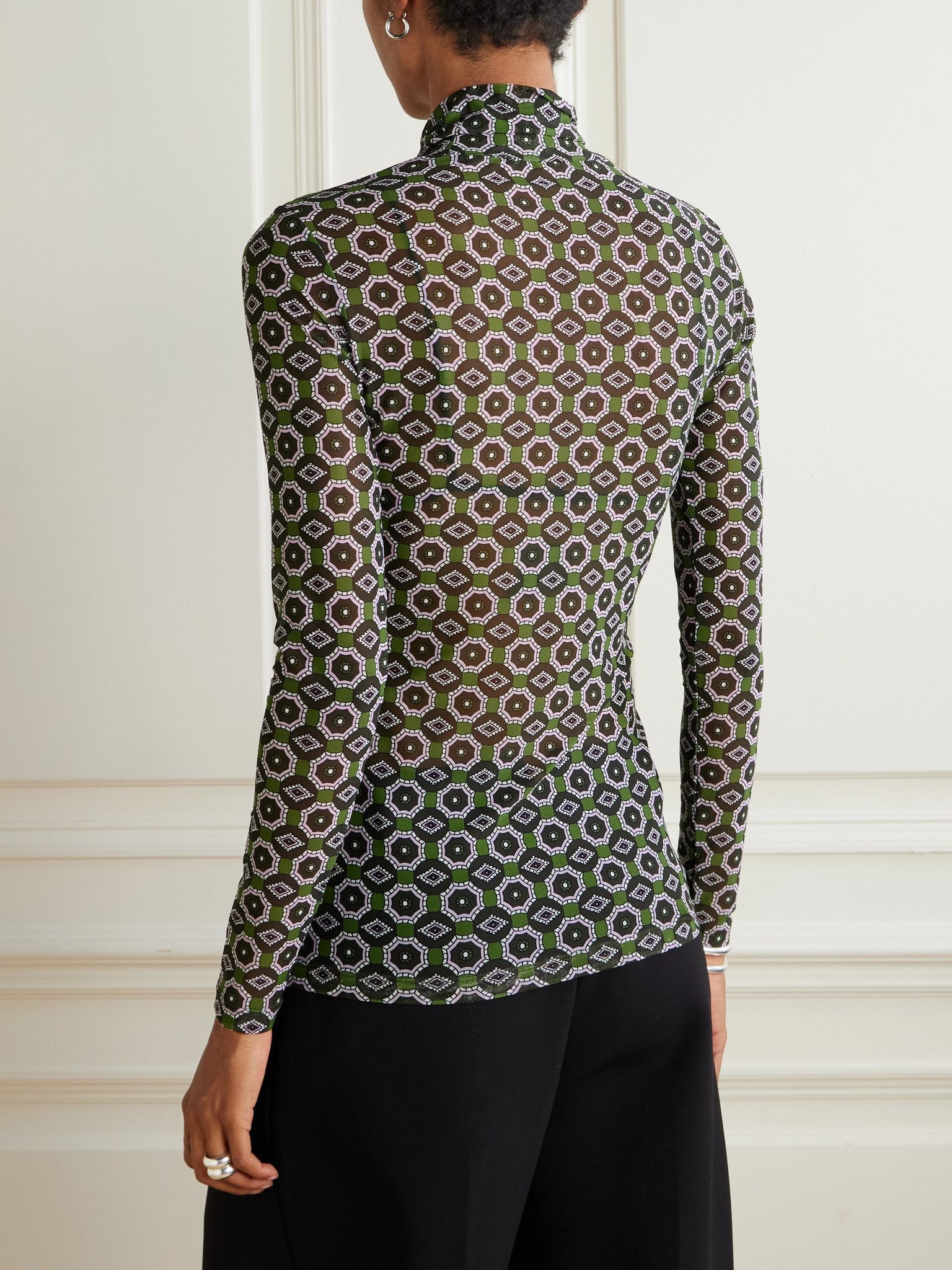 Printed stretch-mesh turtleneck top Green - 4