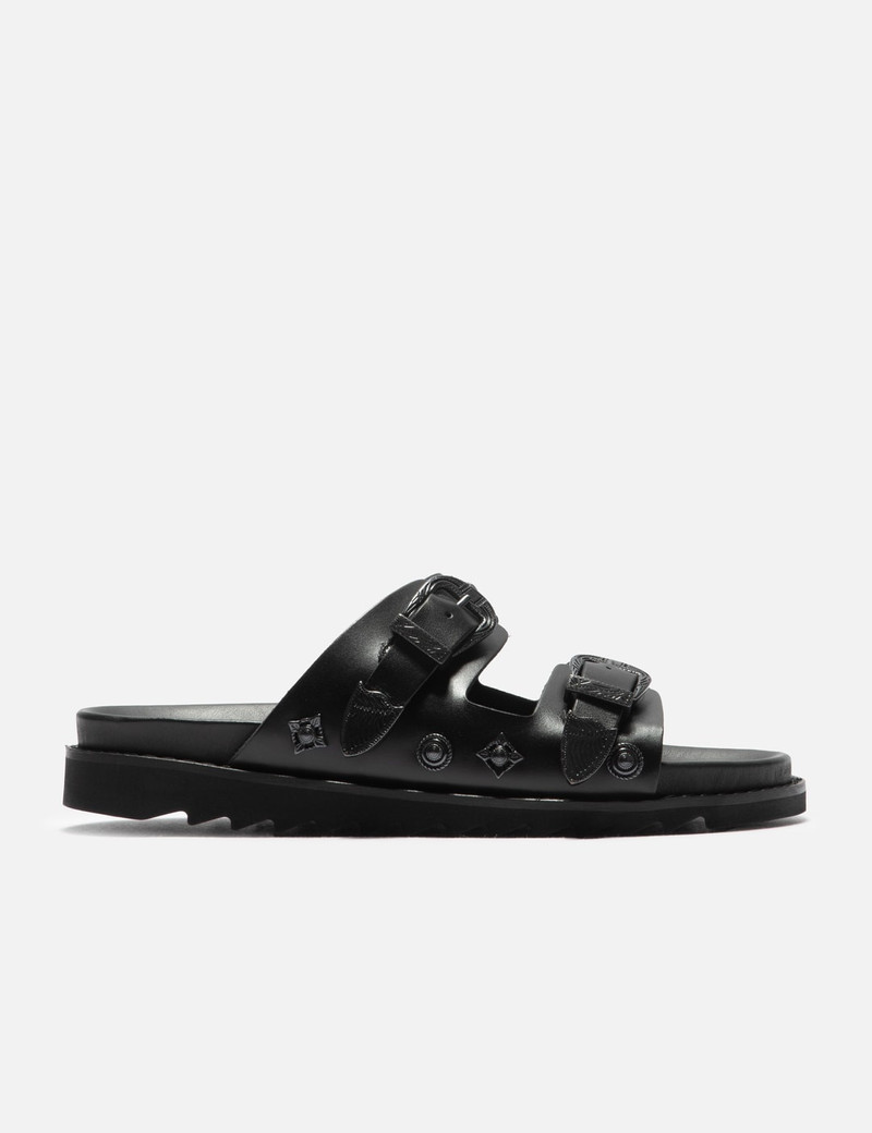 BLACK LEATHER GUNMETAL HARDWARE SANDAL - 1