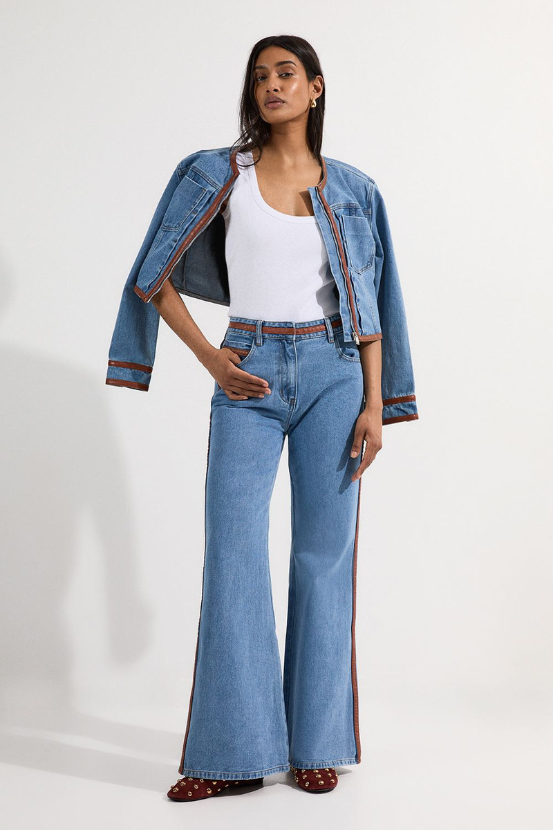 Petite Denim & Faux Leather Tipped Side Skinny Flare Jean 1