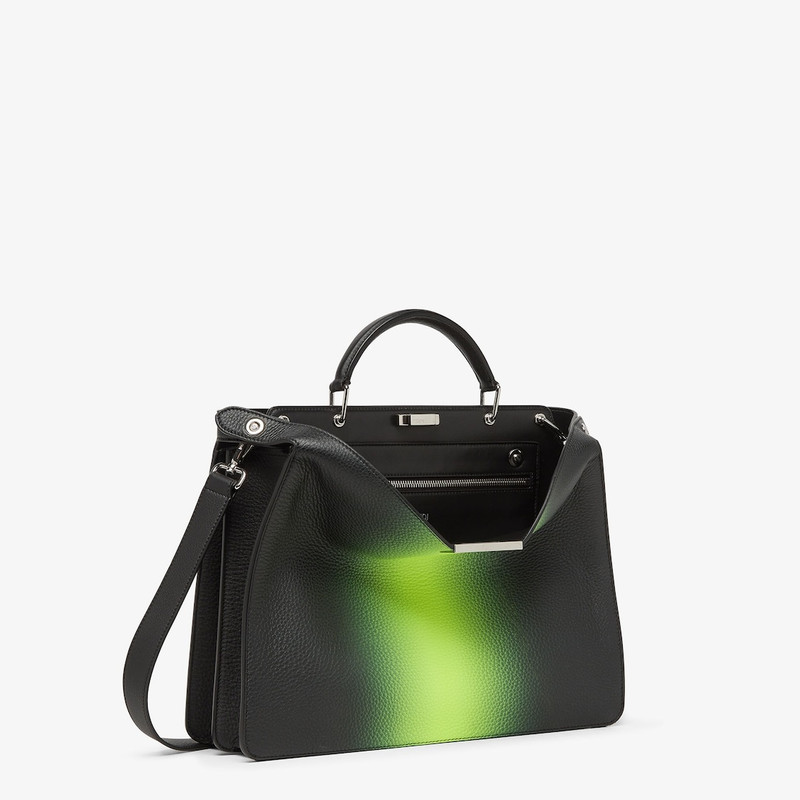 Medium Peekaboo ISeeU bag made of black Cuoio Romano leather with neon yellow gradient shading. The  4
