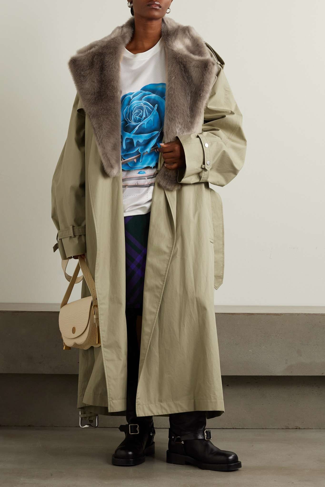 Burberry Faux fur-trimmed cotton-gabardine trench coat