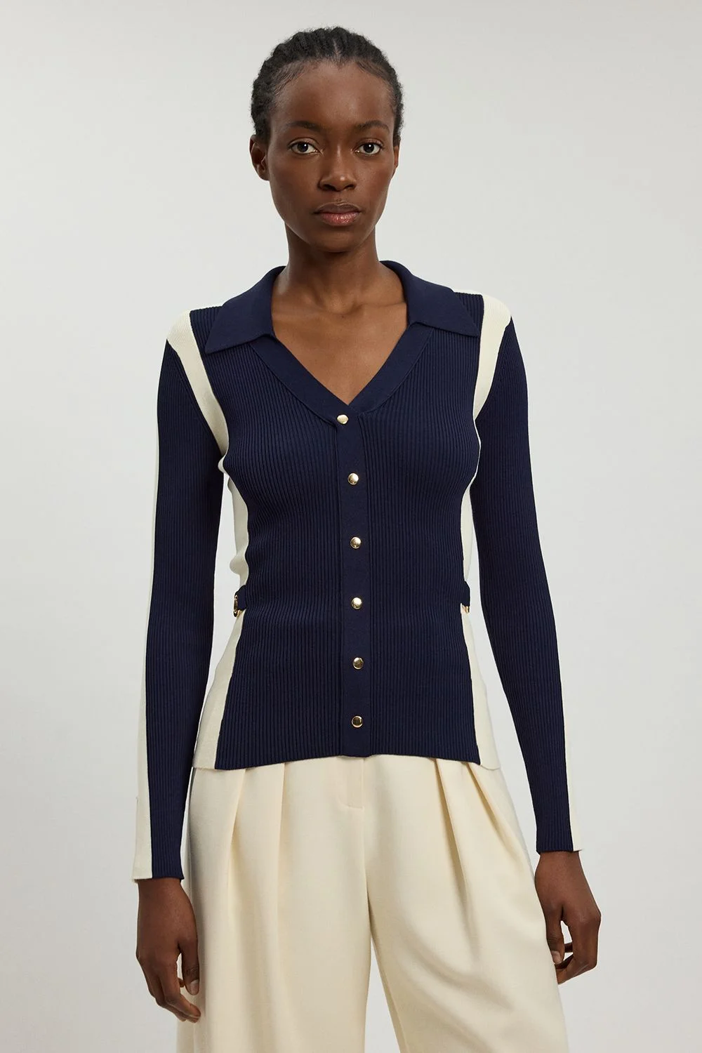 Viscose Rib Contrast Colour Button Knit Top - 1