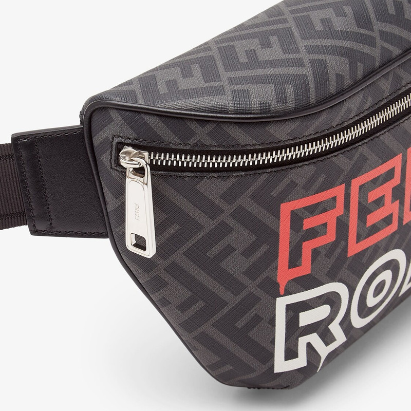 Belt bag made of black and gray FF fabric. Internal compartment with zipper and palladium-finish met 5