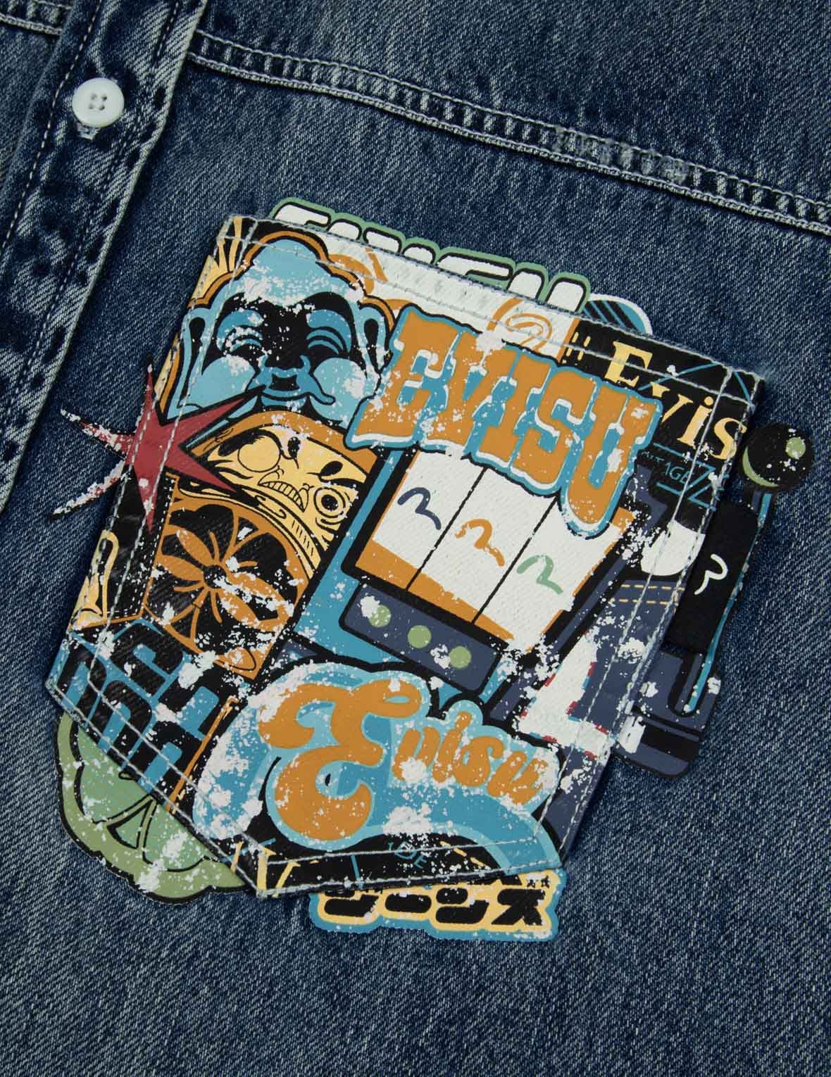Lucky Slot Machine and Daruma Print Relax Fit Denim Shirt - 8