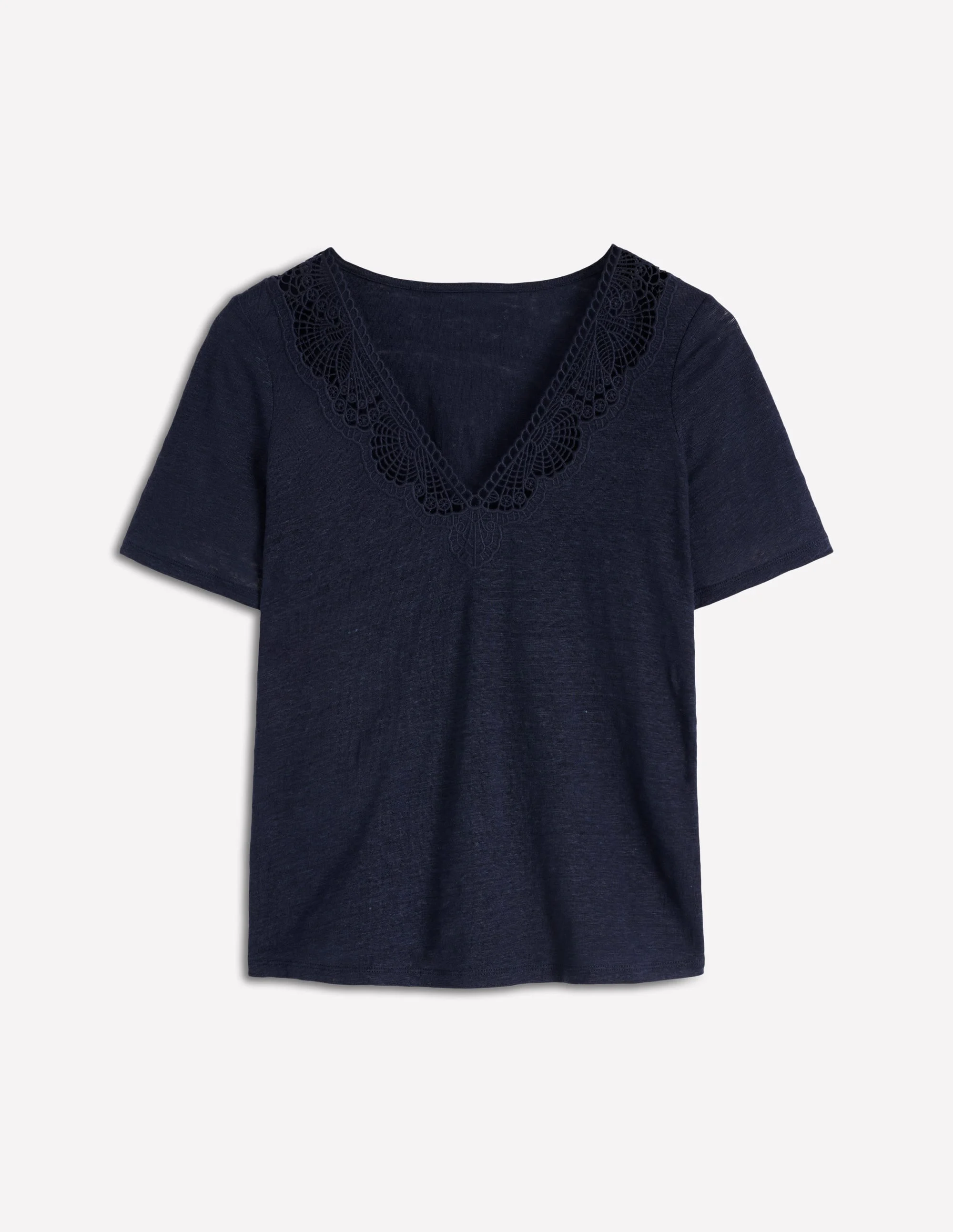 Tara Lace Trim Linen T-shirt-Navy Blazer - 1