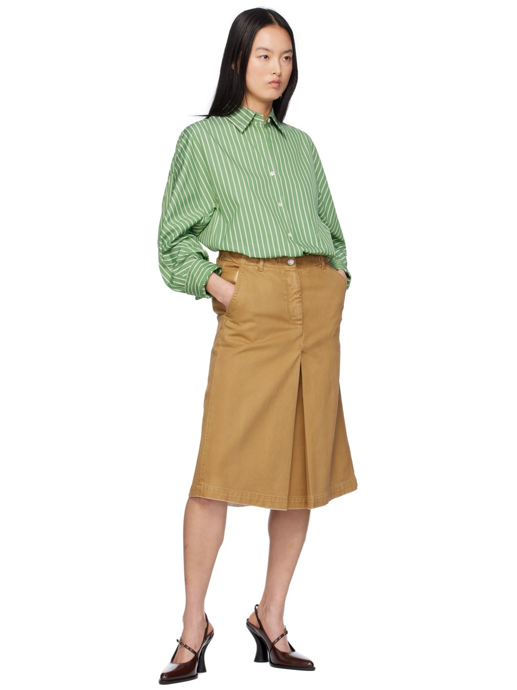Beige Pleated Denim Midi Skirt - 4