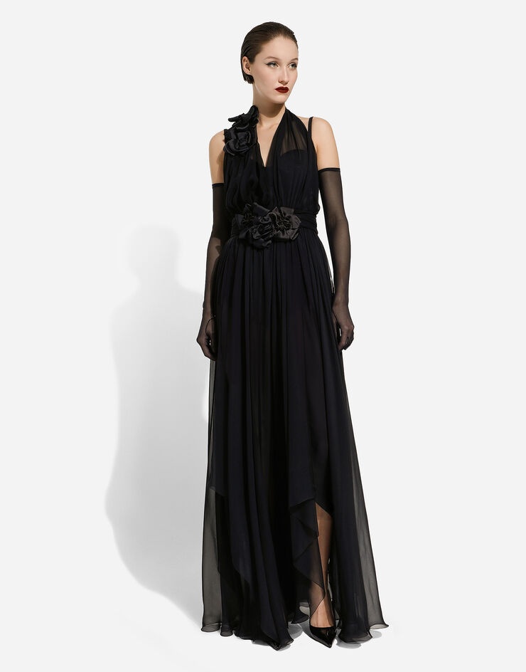 Long silk chiffon dress with floral appliqué - 3