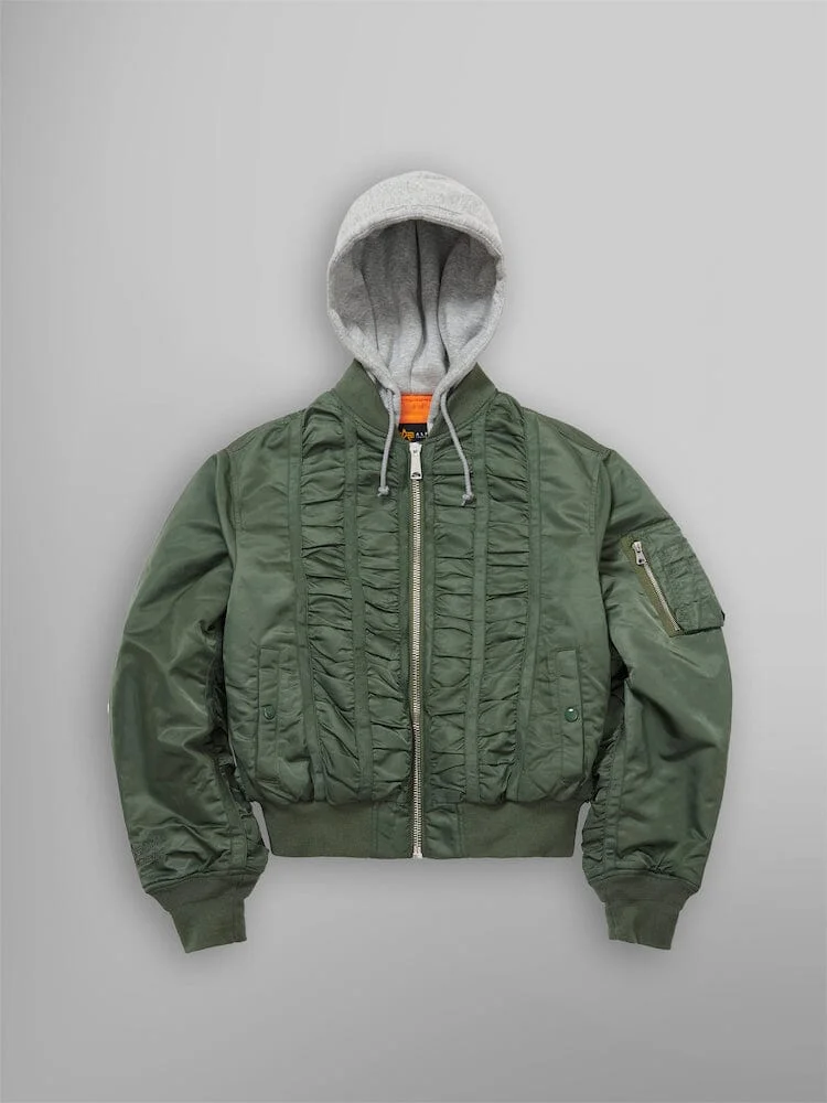 ALPHA X MADEME HOODED RUCHED MA-1 BOMBER JACKET - 1