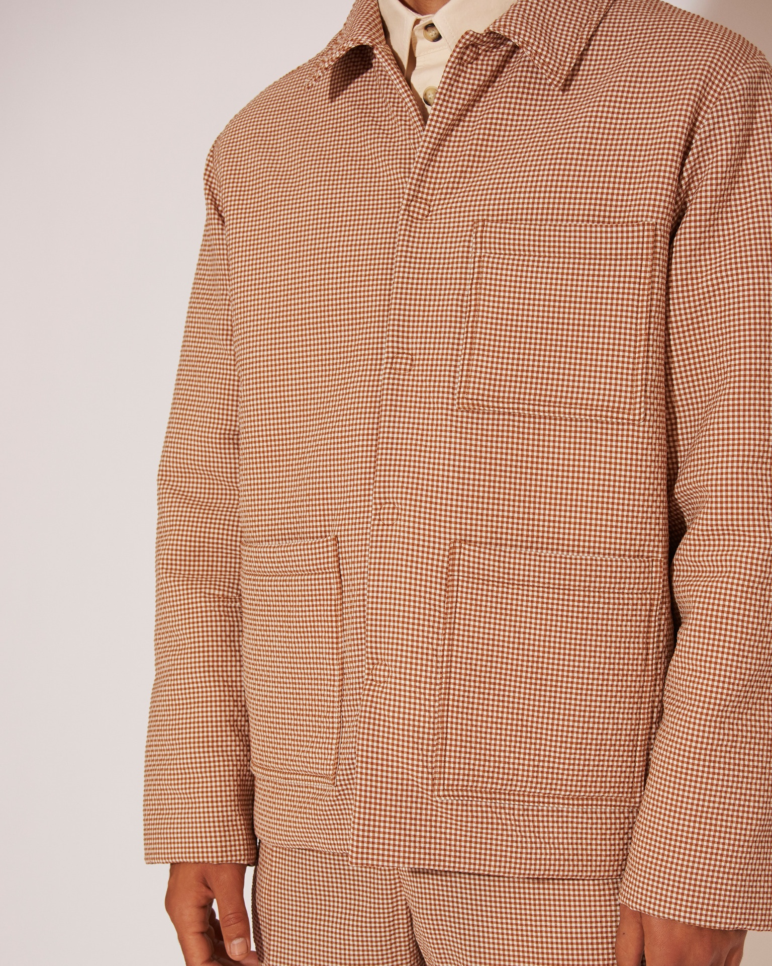 KASEN - Vichy-seersucker box fit jacket - Brown&Creme - 6