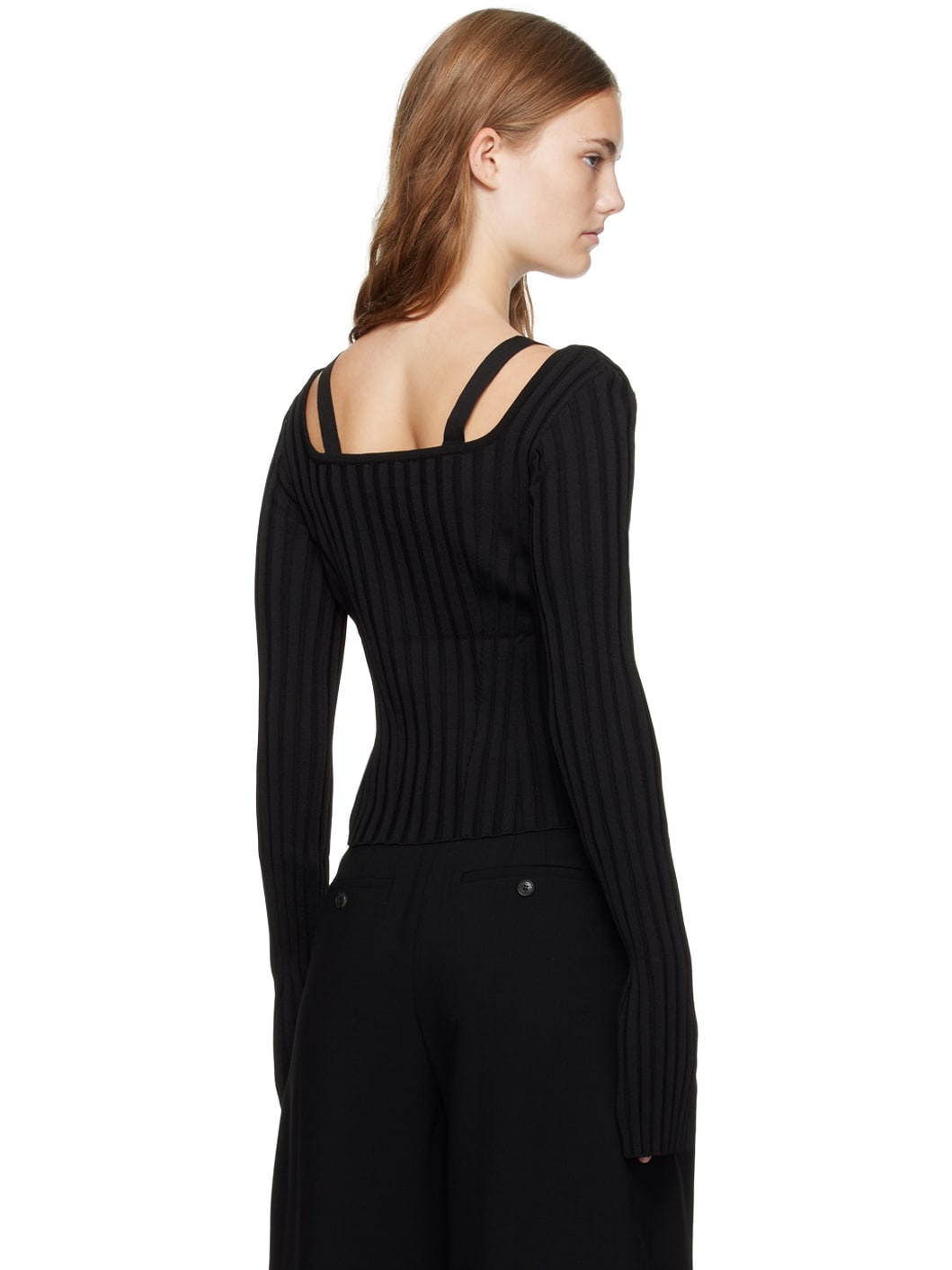 Black Scoop Neck Fitted Sweater - 3