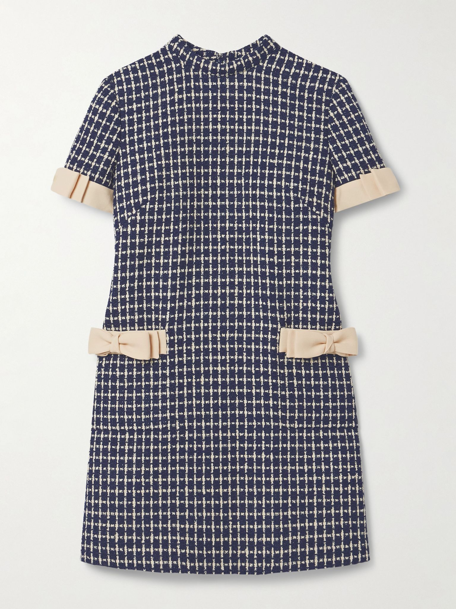 Bow-embellished checked wool-blend bouclé mini dress Navy - 1