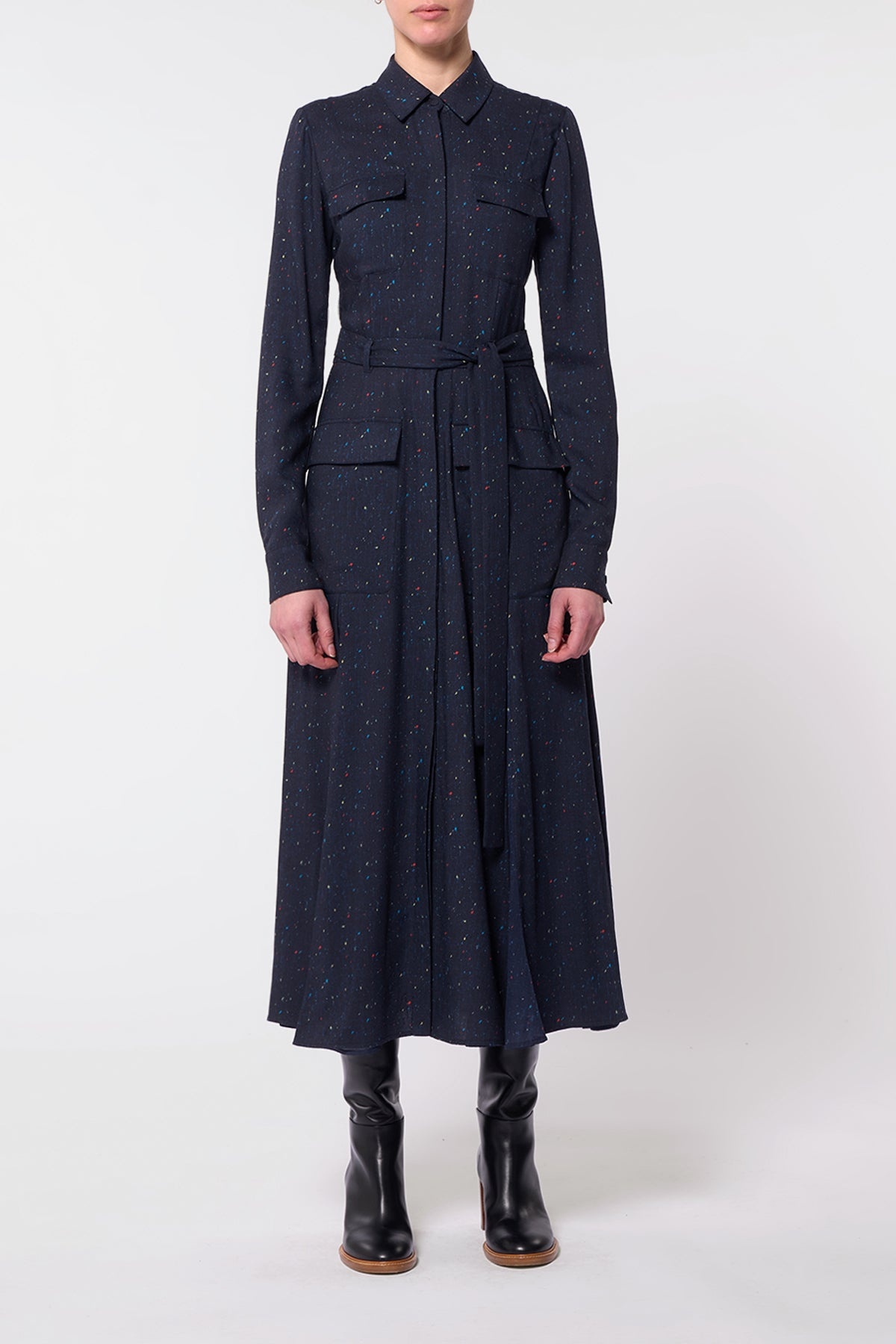 Meyer Pleated Shirtdress in Dark Navy Multi Wool Silk - 2