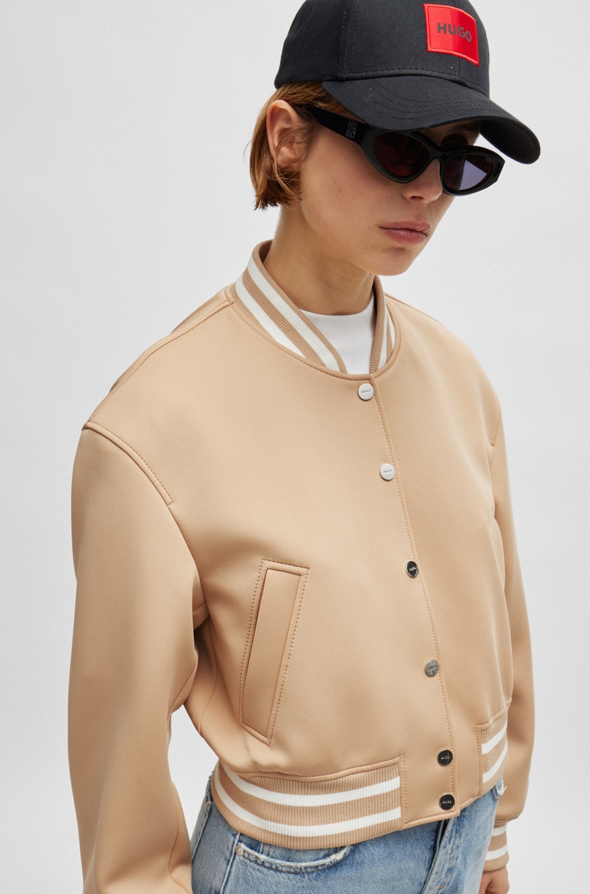 CROPPED BOMBER JACKET WITH STRIPED TRIMS IN RELAXED FIT - 5