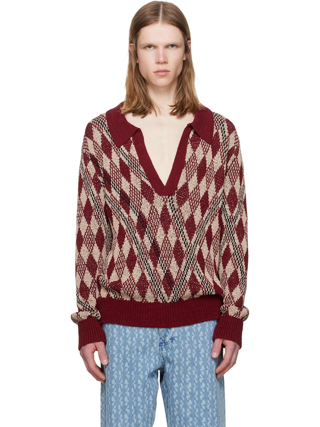 Burgundy & Beige Argyle Polo - 1