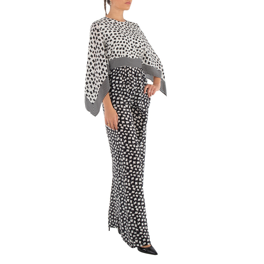 Max Mara Ladies White Black Origano Printed Silk Jumpsuit - 6
