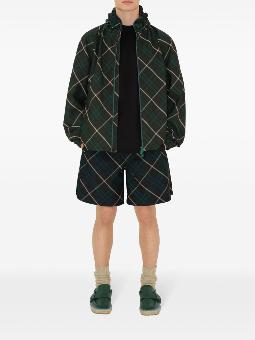 hooded check-print twill jacket - 2