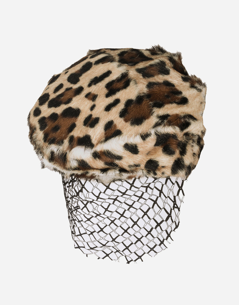 Leopard-print goatskin flat cap with veil 4