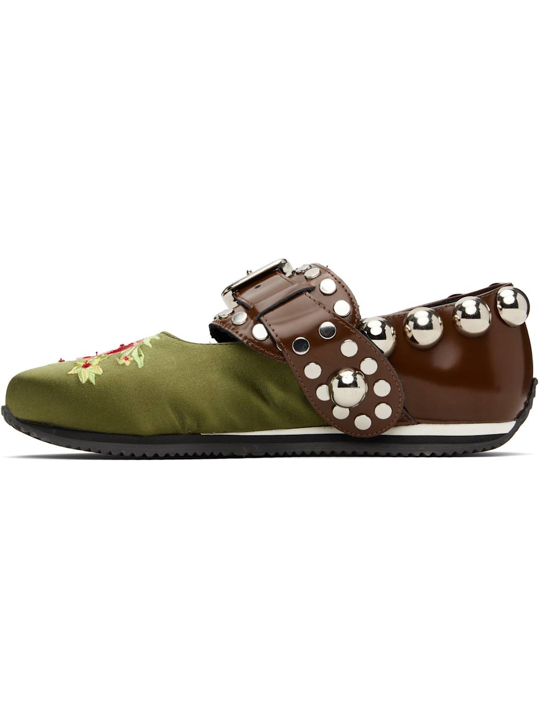 Green & Brown Spur Strap Mary Jane Ballerina Flats - 3