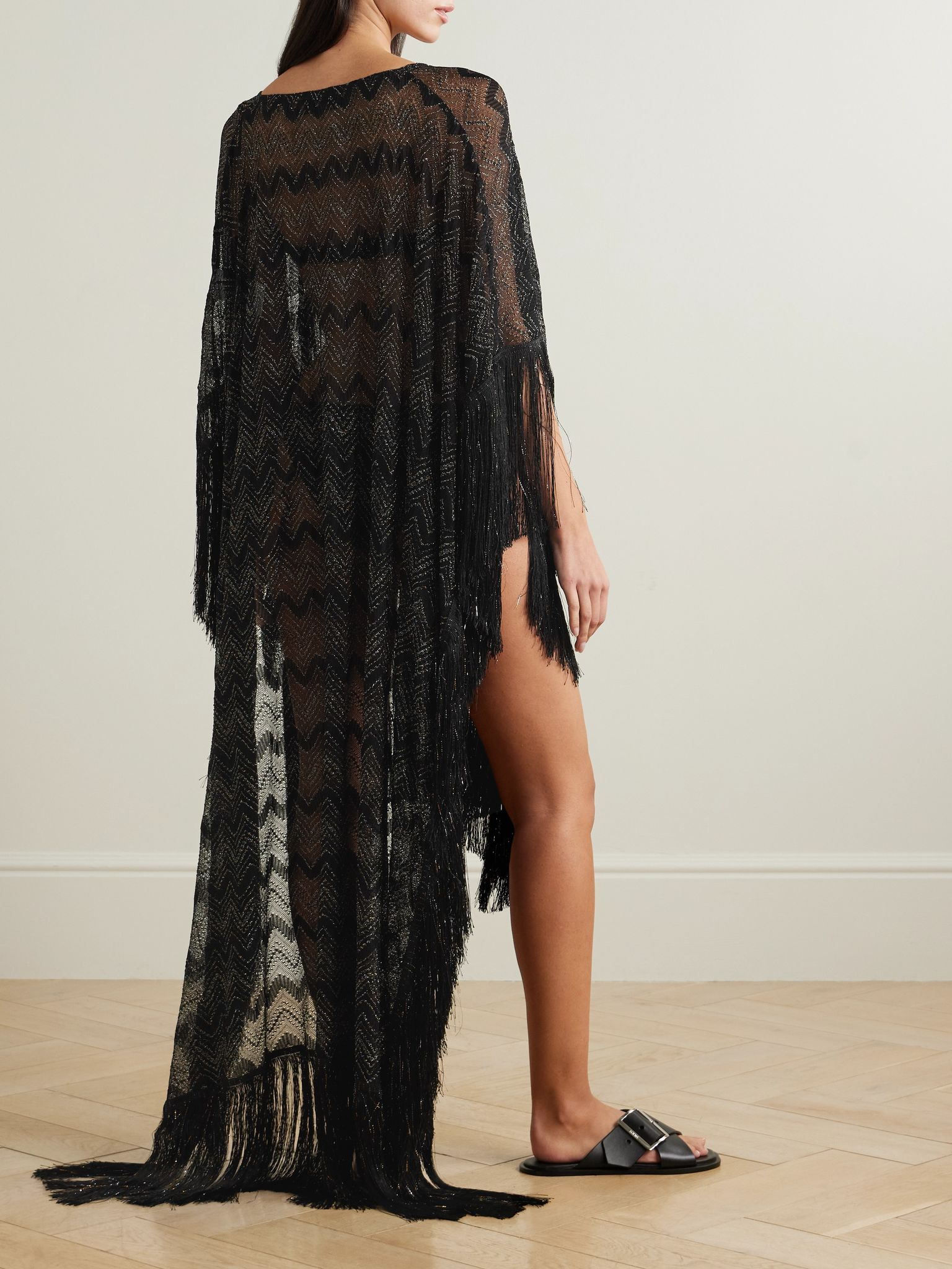 Mare fringed striped metallic crochet-knit kaftan Black - 3