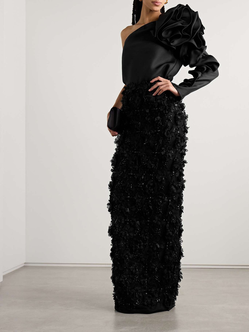 CAROLINA HERRERA Appliquéd bead-embellished tulle maxi skirt Black outlook