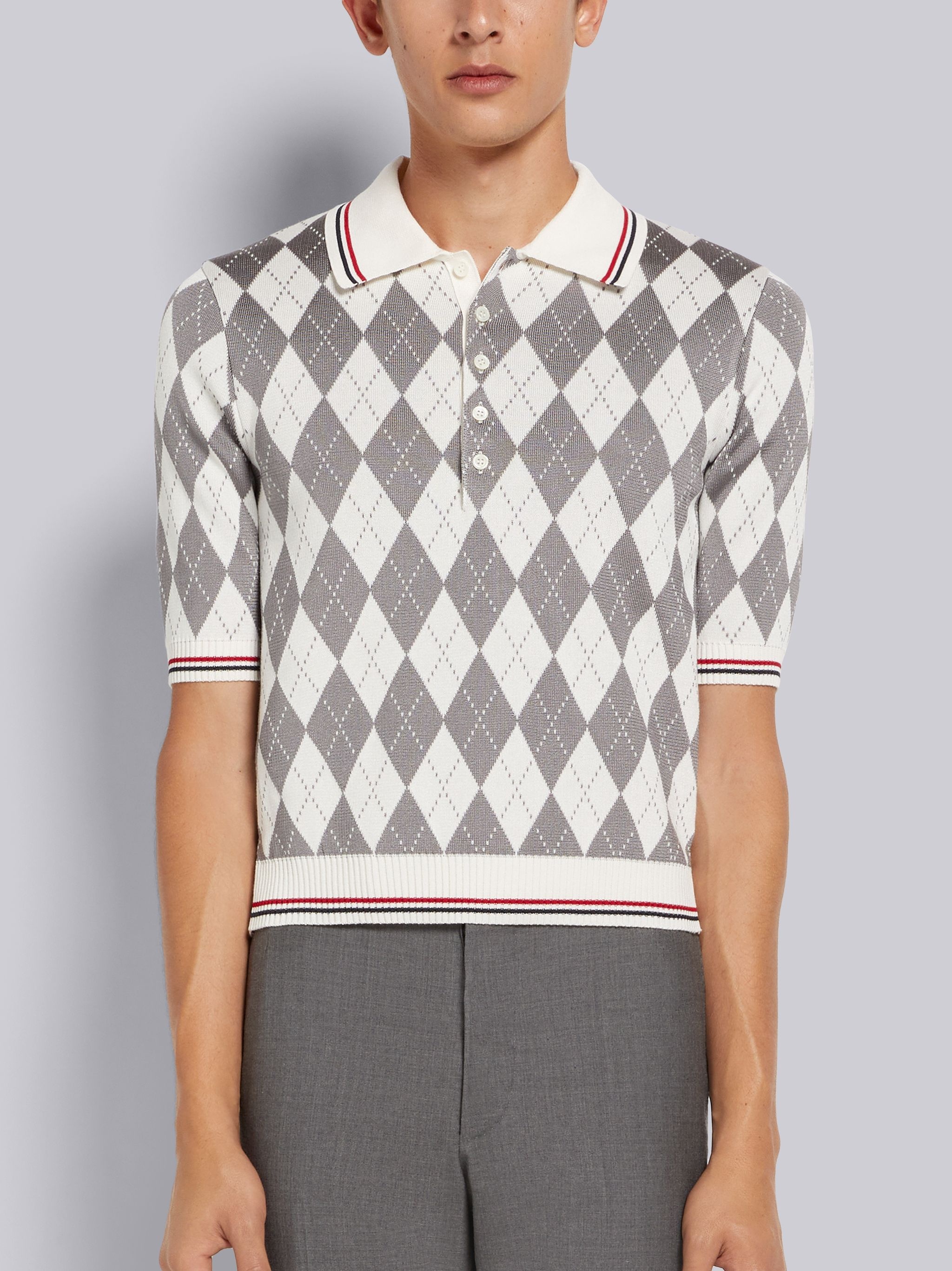 Light Grey Argyle Cotton Silk Stripe Tipping Polo - 1