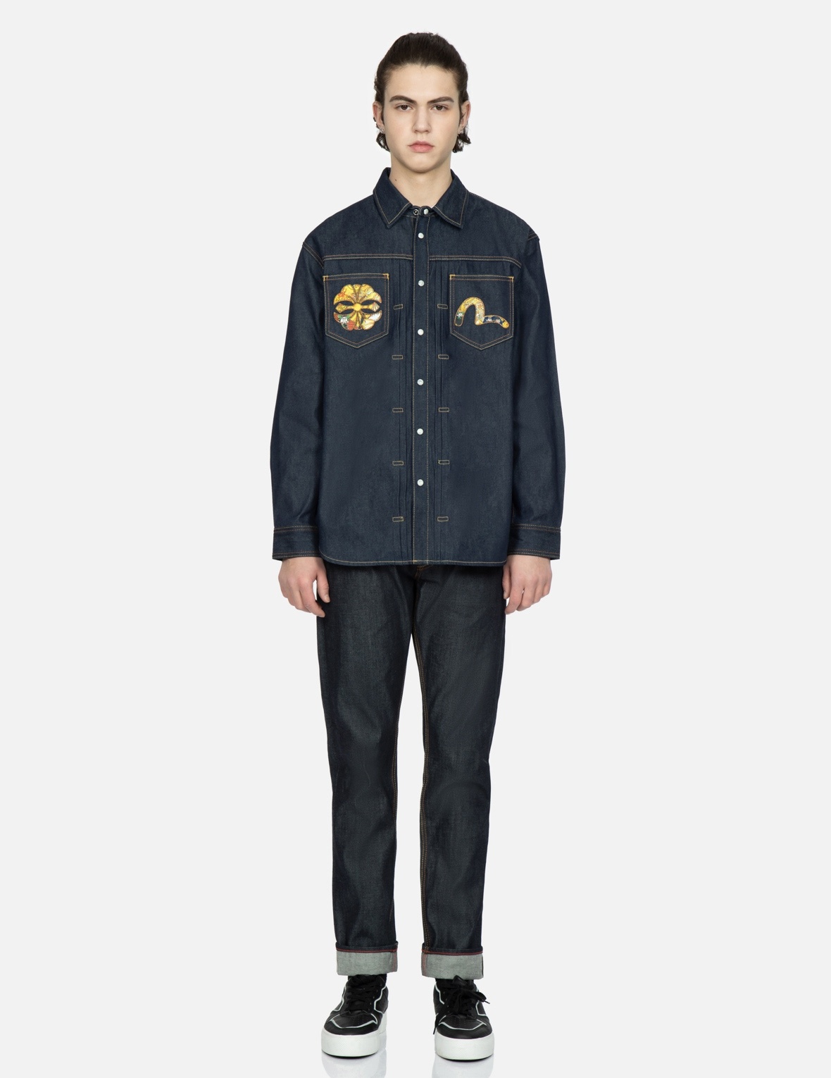 SAMURAI-PATTERN KAMON AND SEAGULL DENIM SHIRT - 5