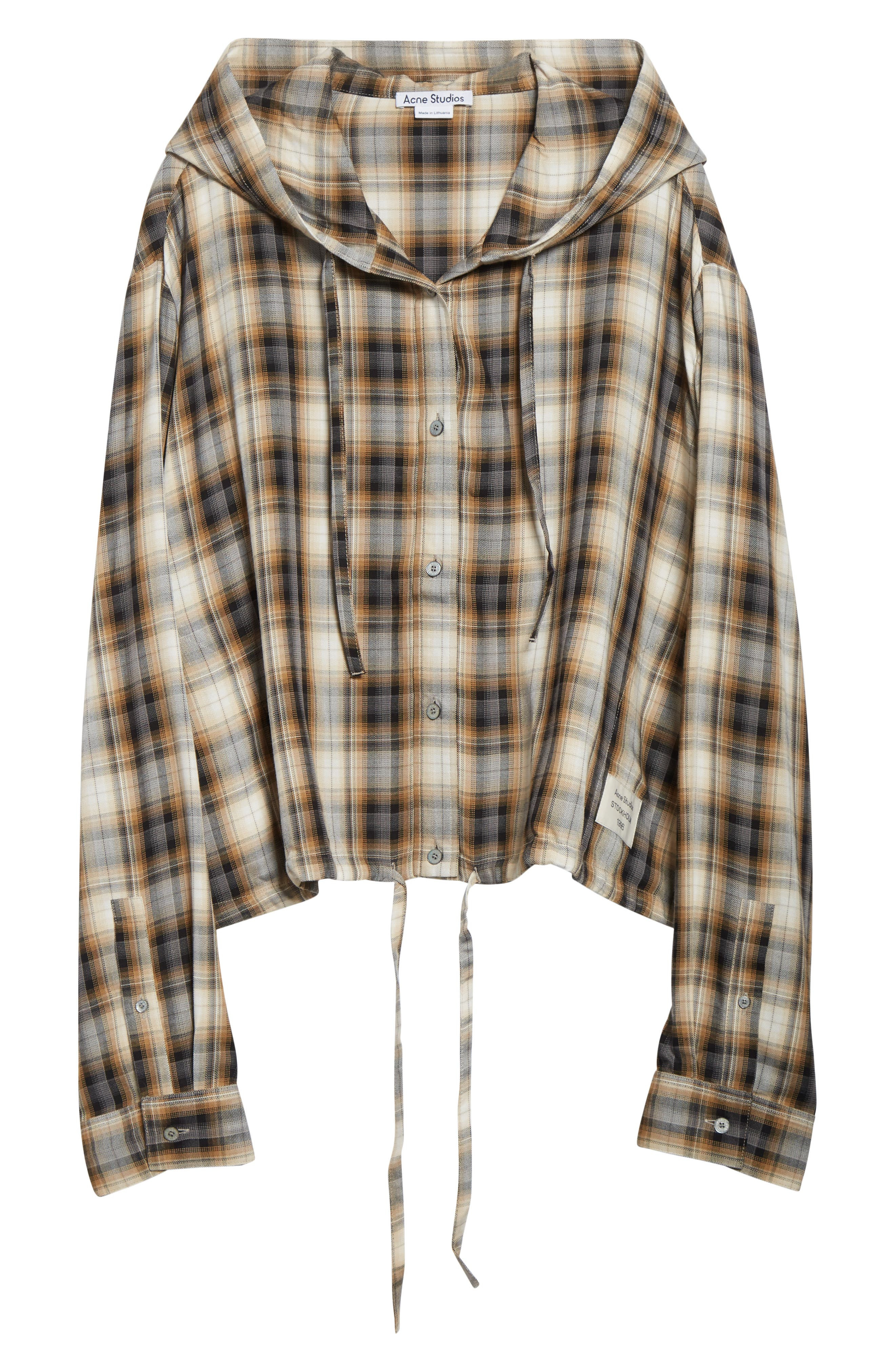 Acne Studios Sip Check Flannel Hooded Overshirt in Beige/Black at Nordstrom - 6