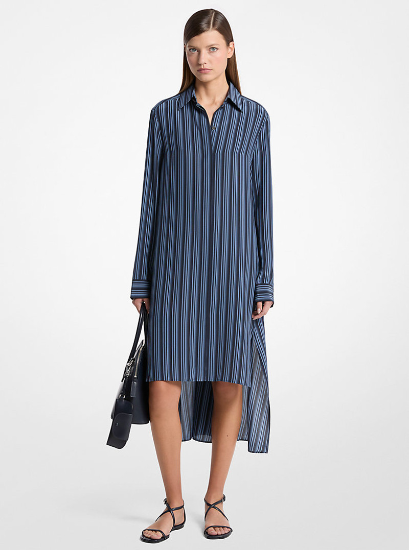 Graphic Striped Crepe de Chine High-Low Shirtdress 1