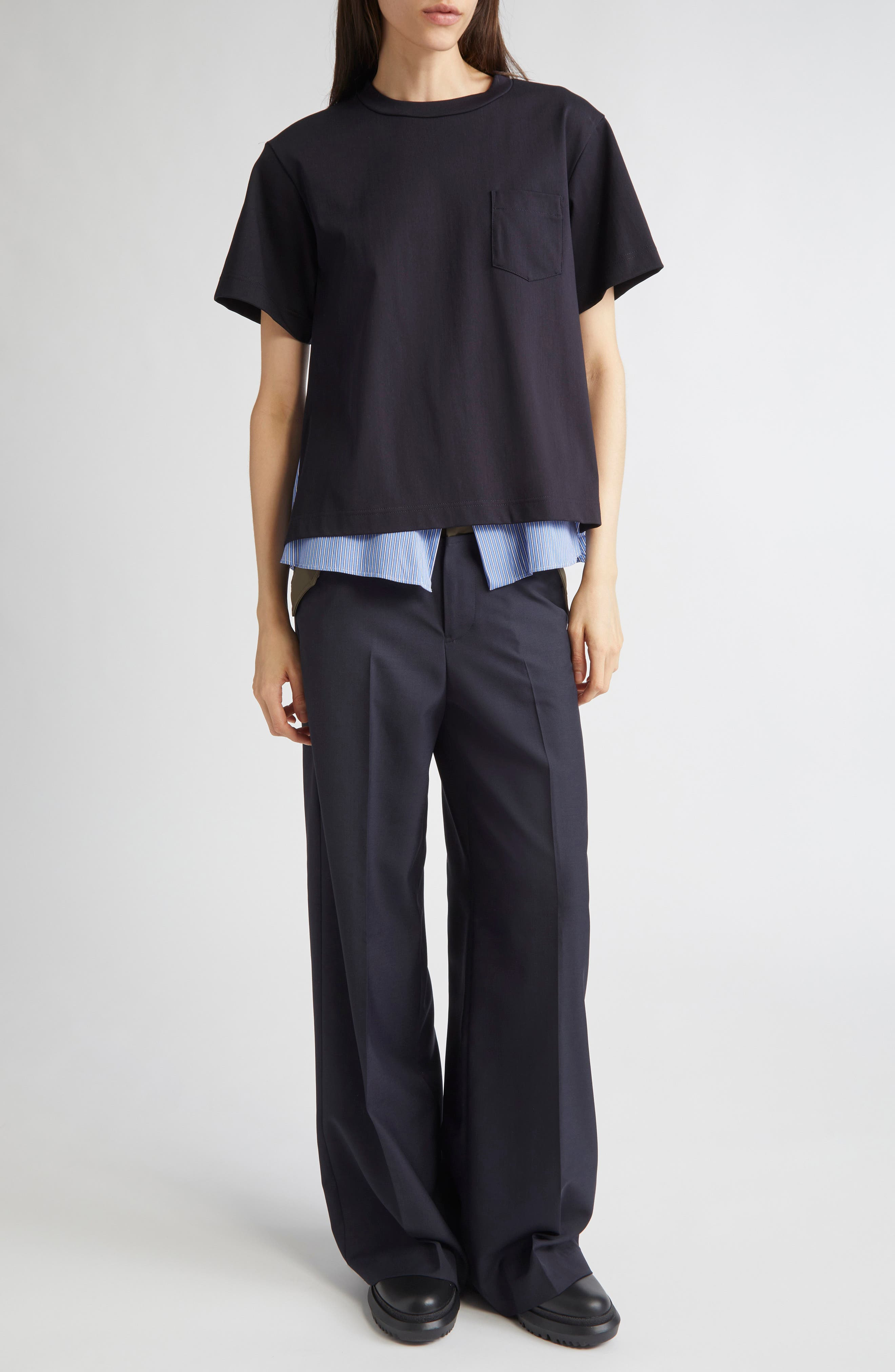 Sacai Suiting Mixed Media Straight Leg Pants in Navy/Dark Khaki at Nordstrom - 2