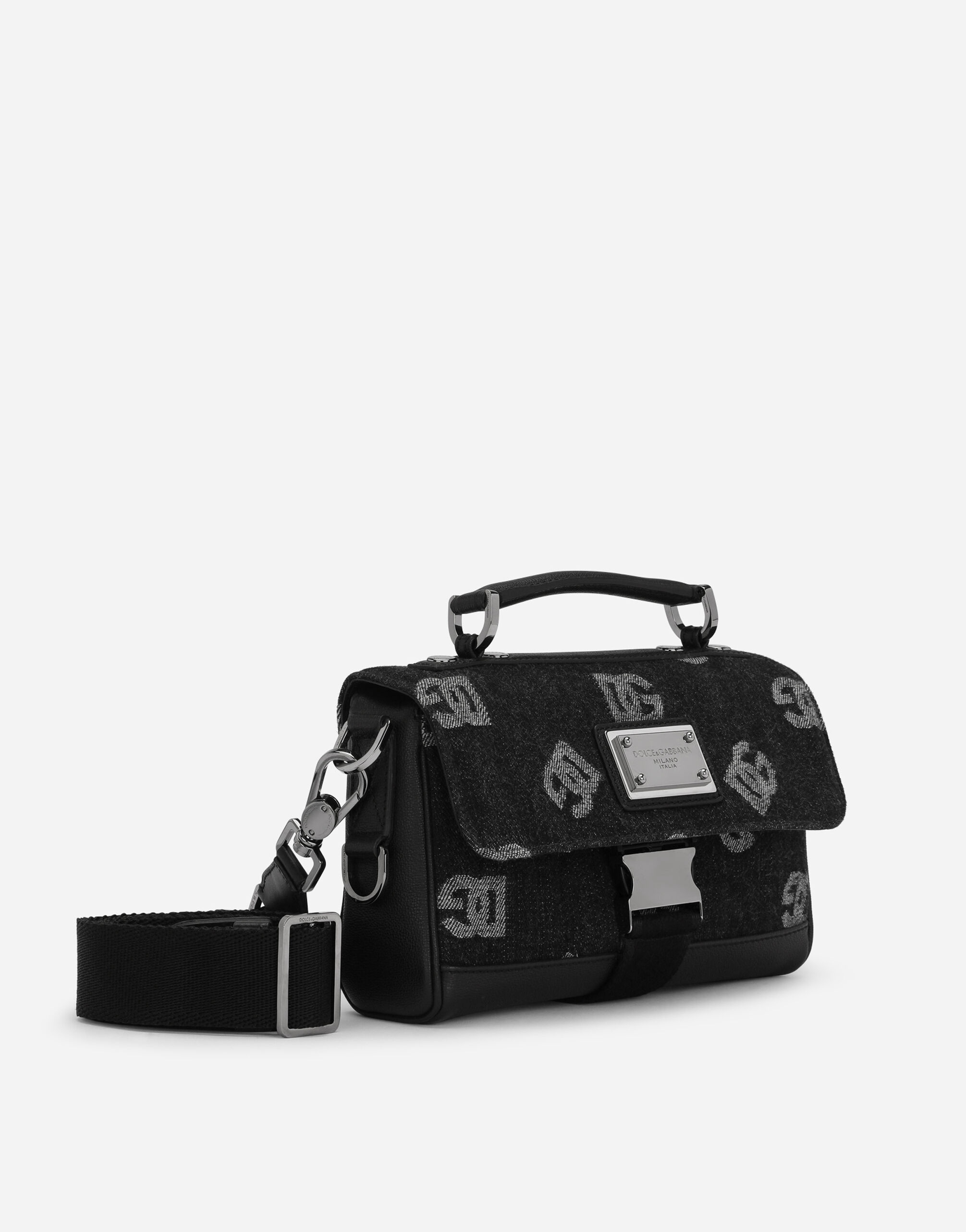 Calfskin and denim crossbody bag with logo - 3