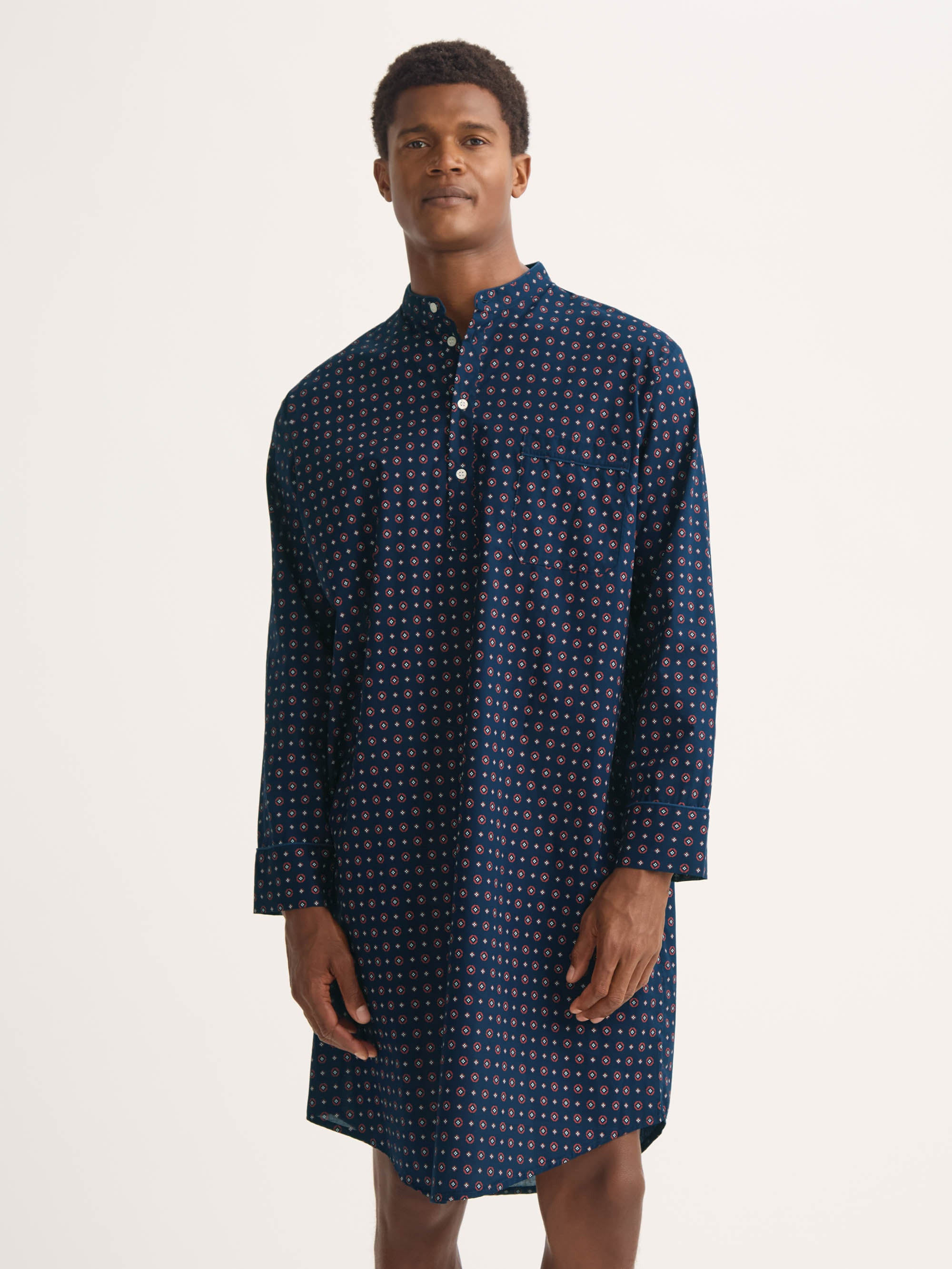Men's Nightshirt Cotton Batiste Navy Blue Rose Motif - 4