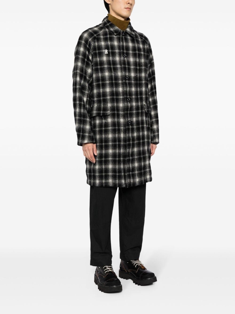 check-pattern logo-patch wool coat - 3