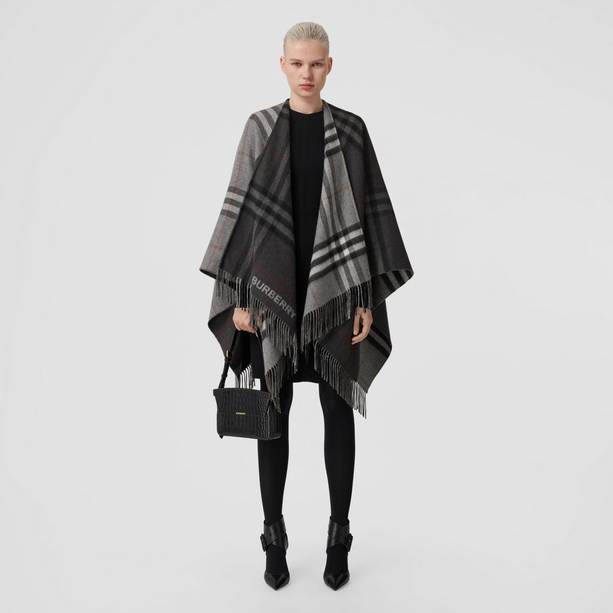 Contrast Check Wool Cashmere Jacquard Cape - 5