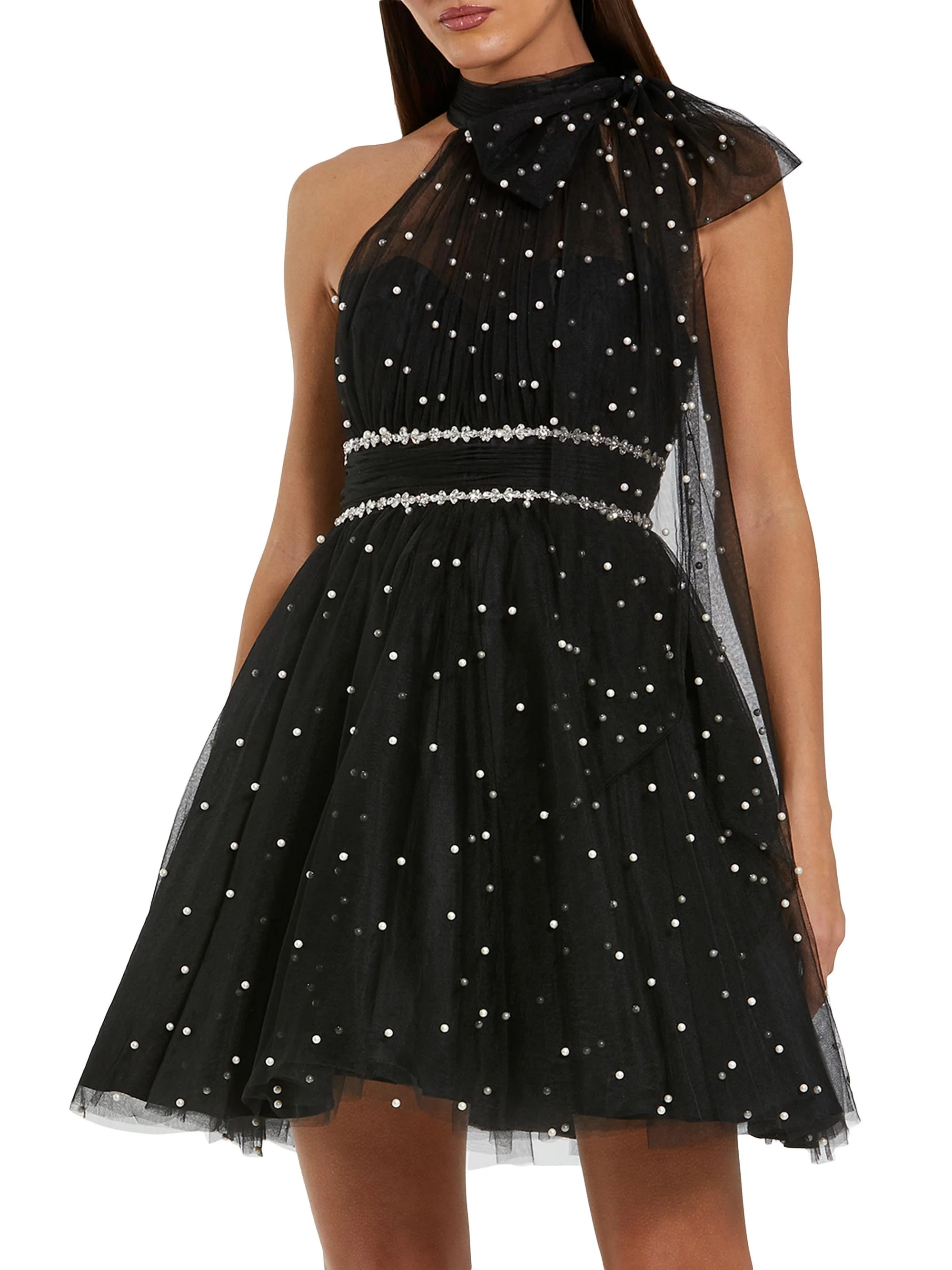 Women's Embellished Tulle Mini Cocktail Dress - Black Ivory - 1