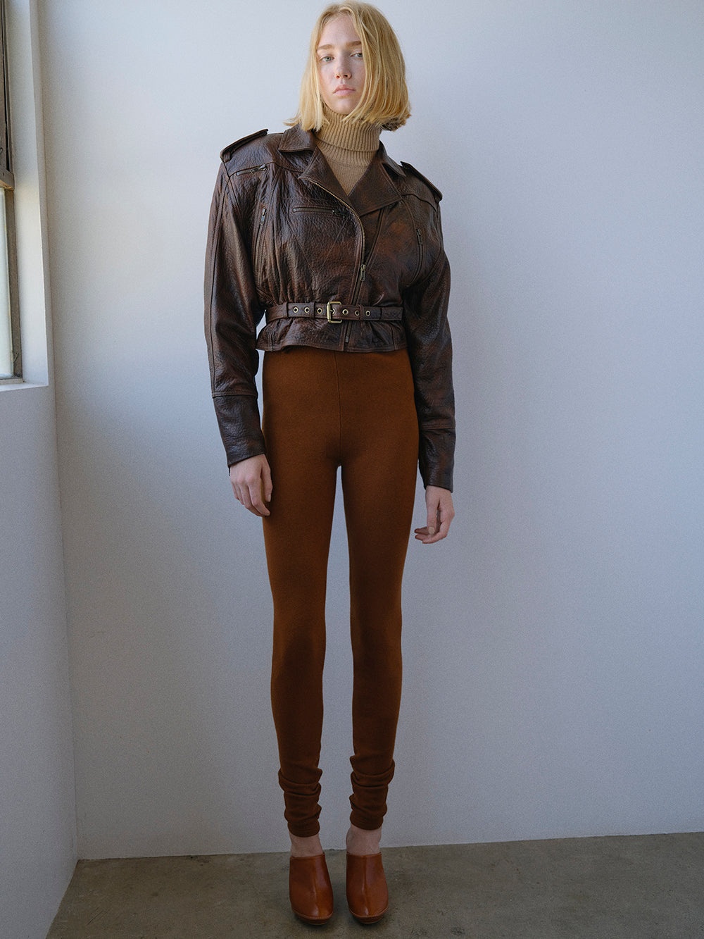 Strong Shoulder Leather Moto Jacket in Chestnut - 2