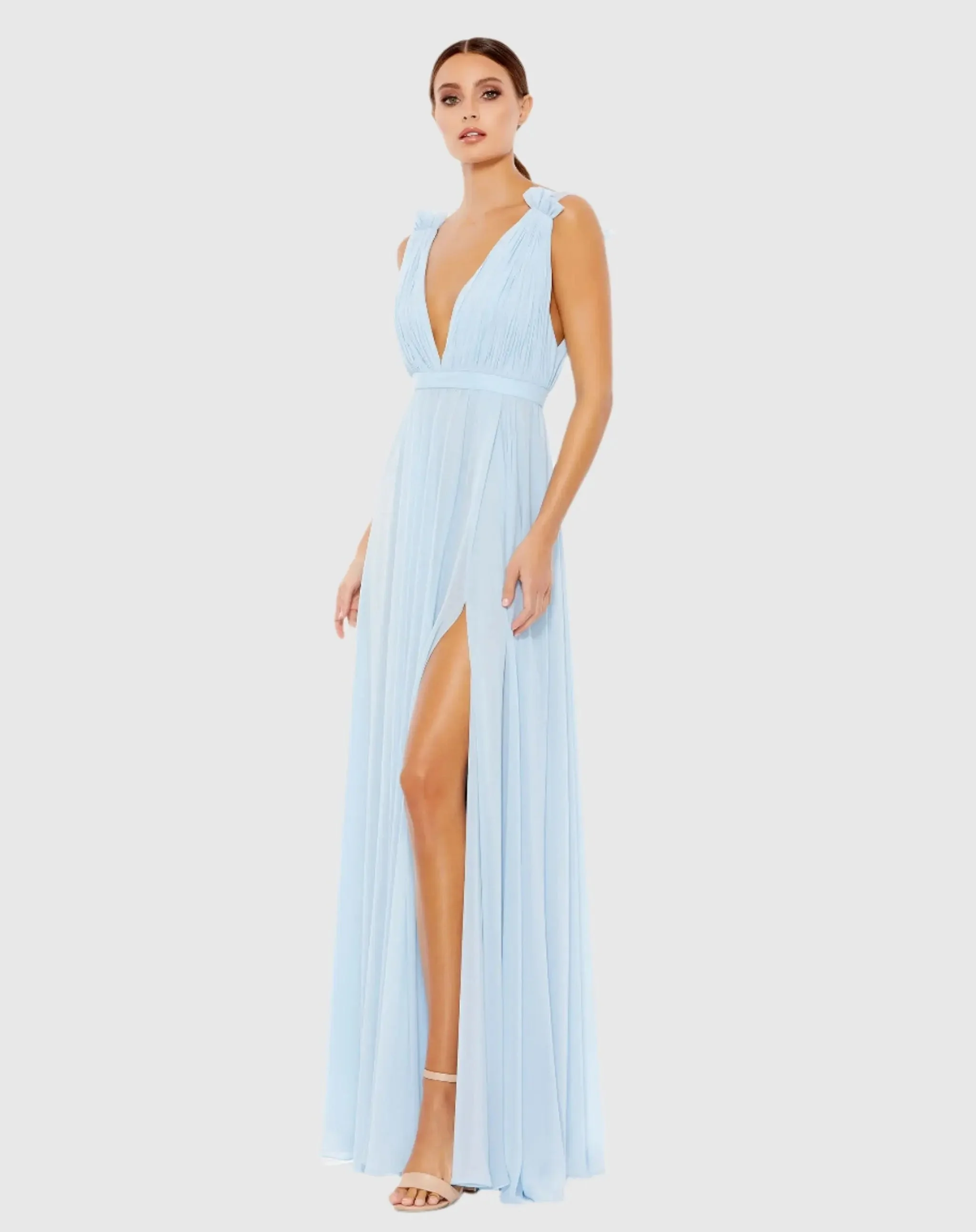 Powder Blue Sleeveless Pleated Chiffon V-Neck Gown - 1