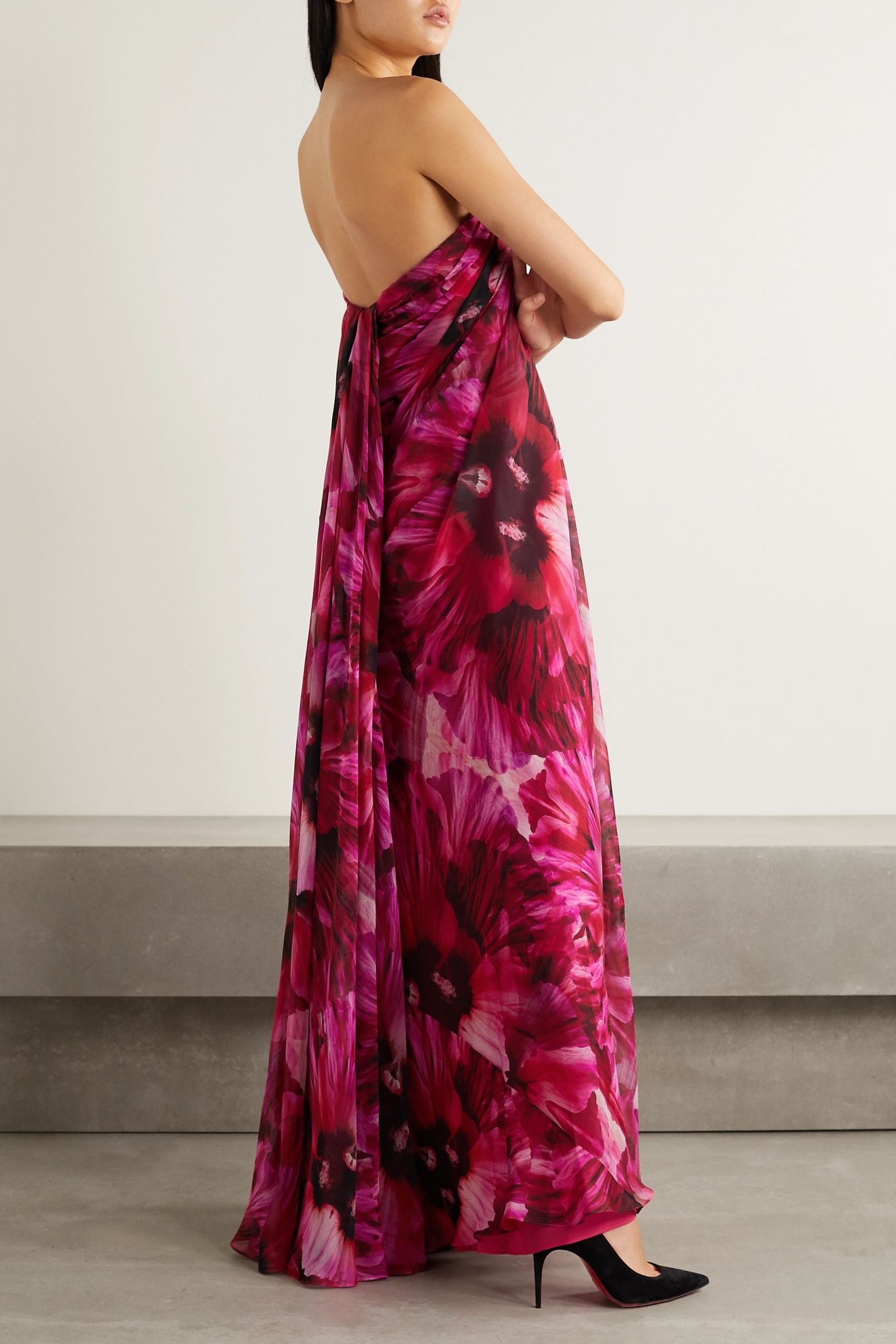 Strapless pleated floral-print silk-crepe de chine gown - 4