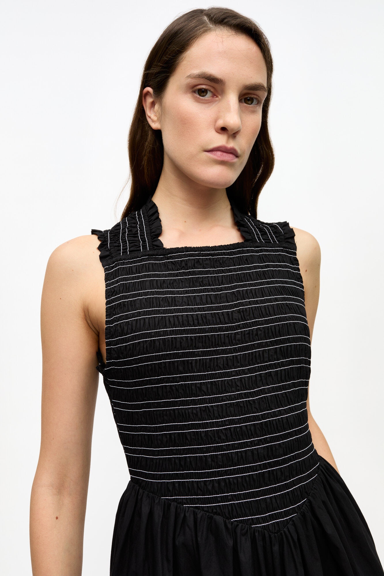 BLACK WASHED STRETCH COTTON SMOCK MIDI DRESS - 4