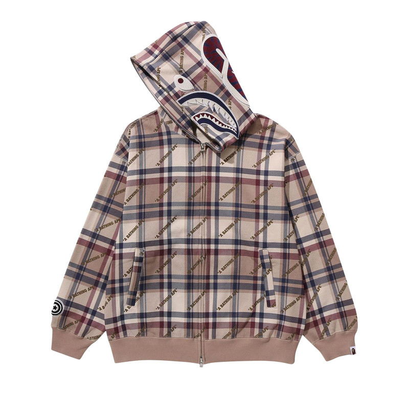 A BATHING APE® BAPE Logo Check Pattern Shark Full Zip Hoodie 'Beige' outlook