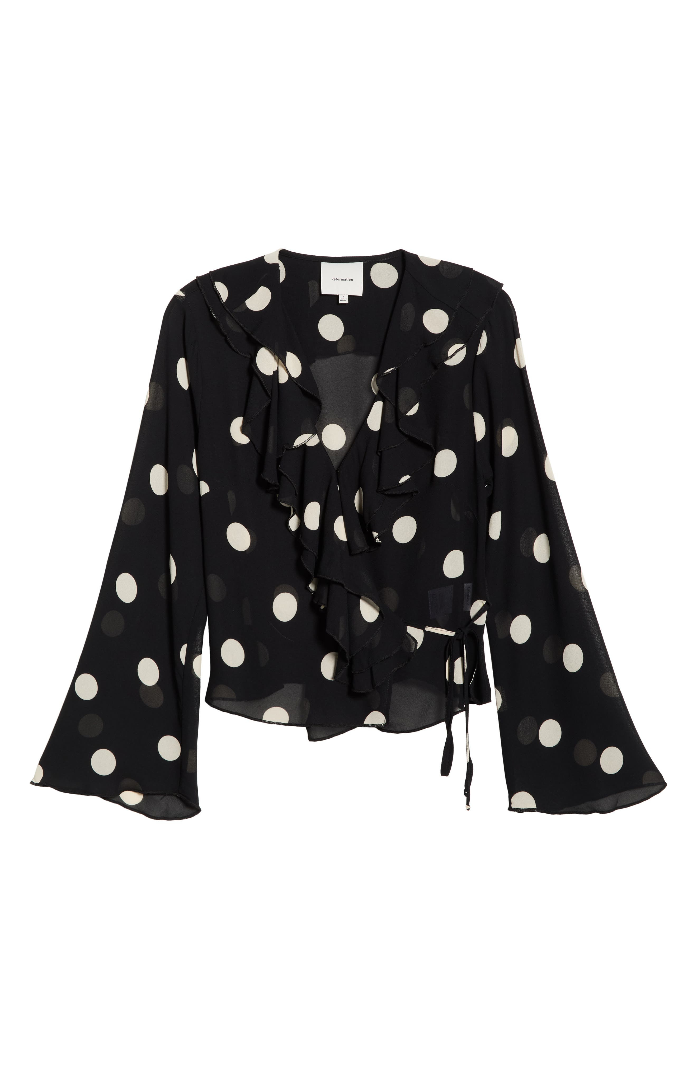 Reformation Kilah Ruffle Neck Polka Dot Wrap Top in Moon Dot at Nordstrom - 3