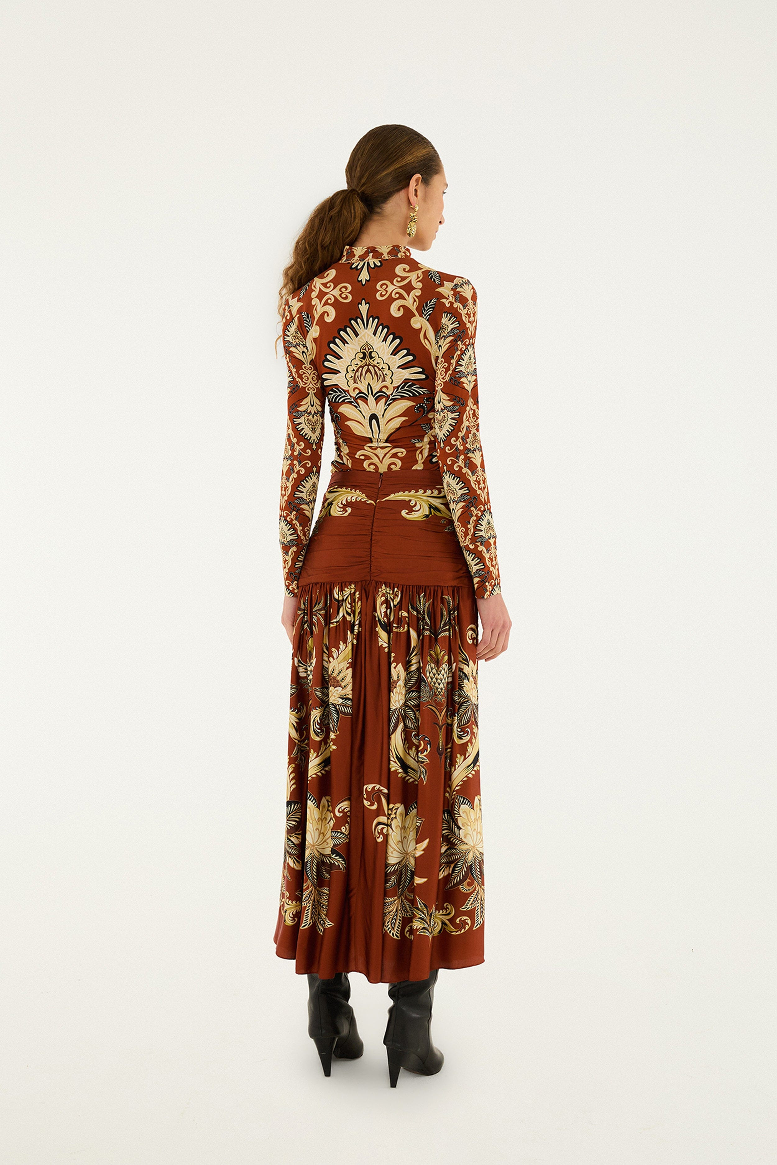 Orange Arabesque Paradise Flower Fringe Lenzing™ Ecovero™ Viscose Midi Skirt - 3