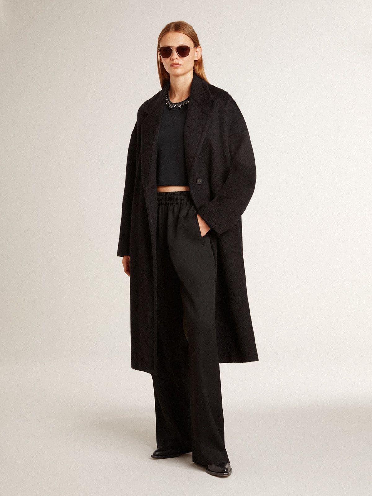 Women's single-breasted black cocoon coat - 2