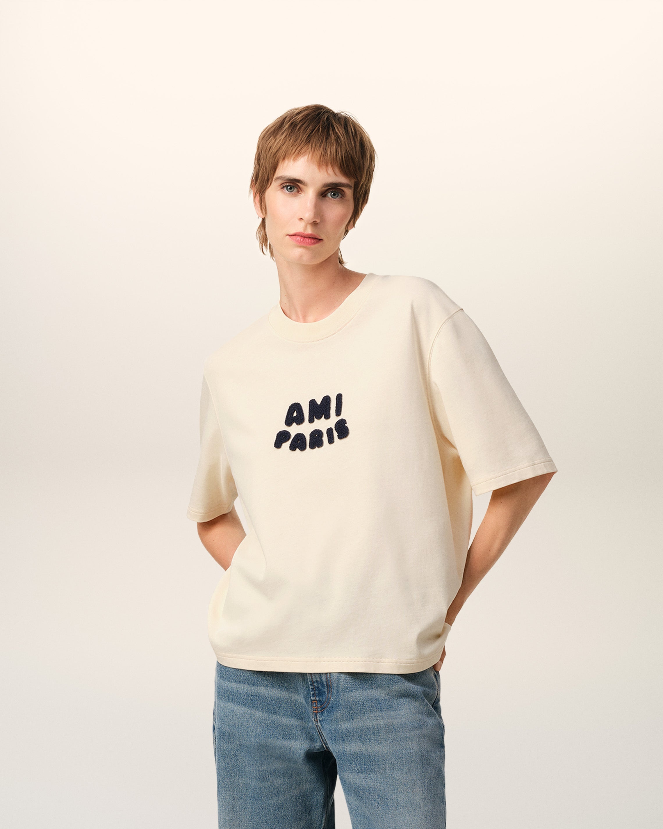 BEIGE COTTON AMI PARIS PATCH T-SHIRT - 2