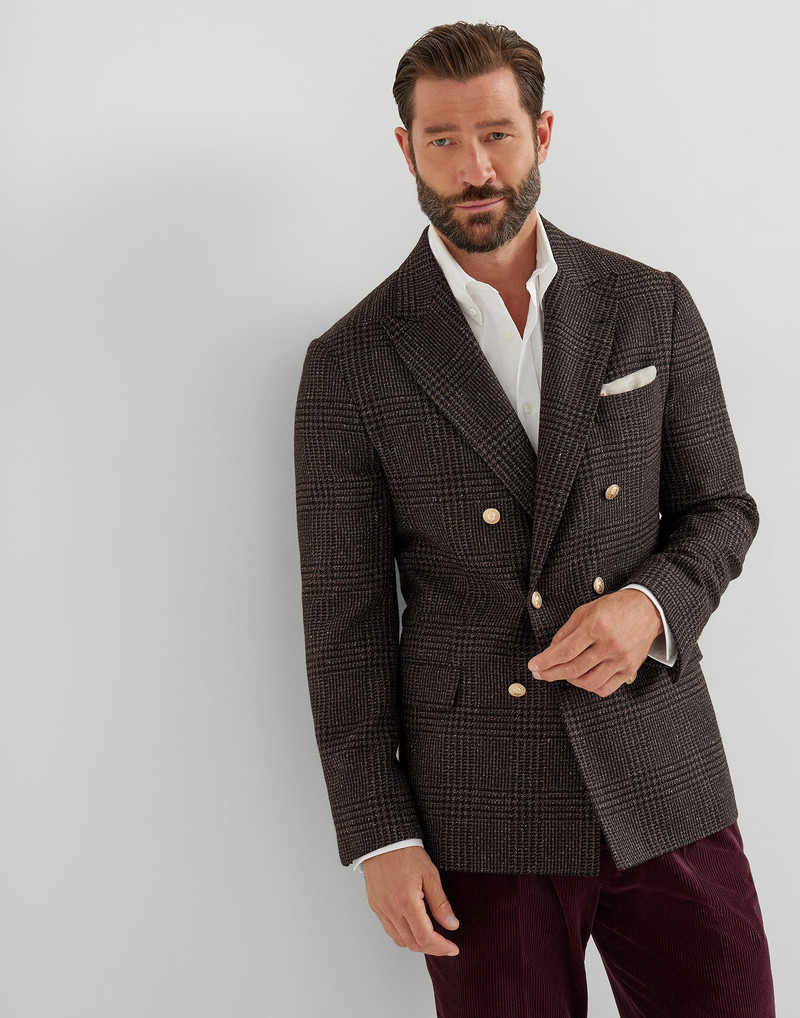 Wool, alpaca and silk Prince of Wales one-and-a-half breasted deconstructed blazer with metal button 1