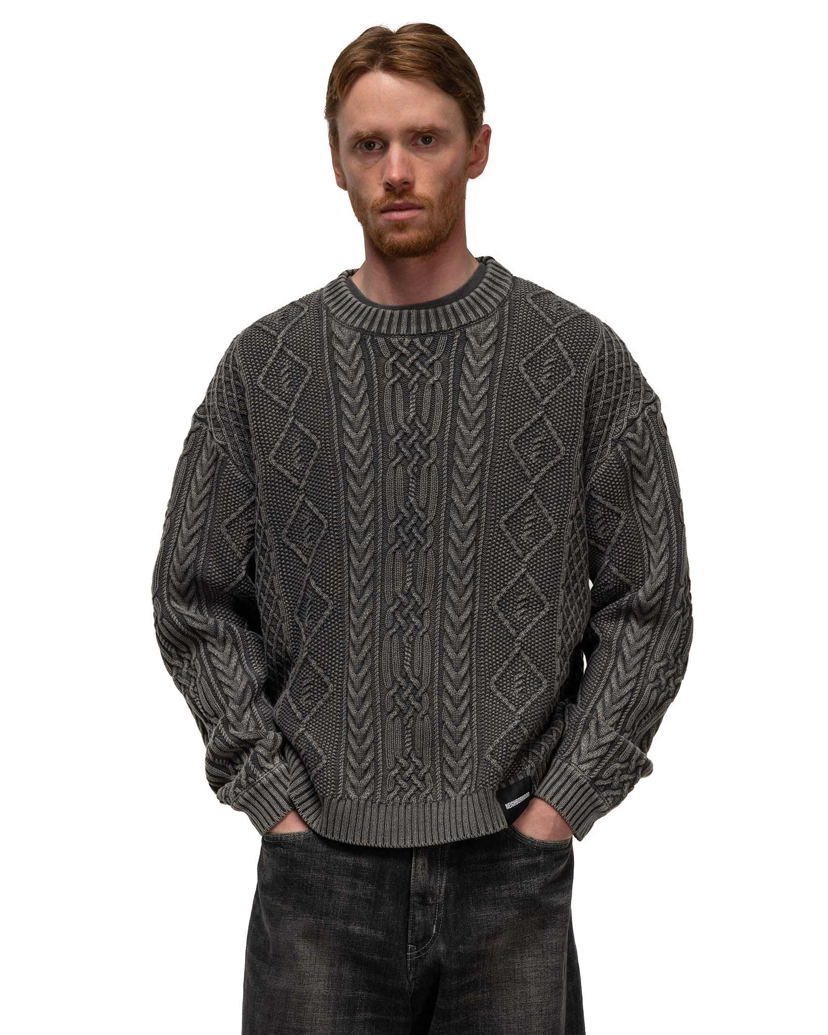 NEIGHBORHOOD Washed Crewneck Cable Sweater Black | REVERSIBLE