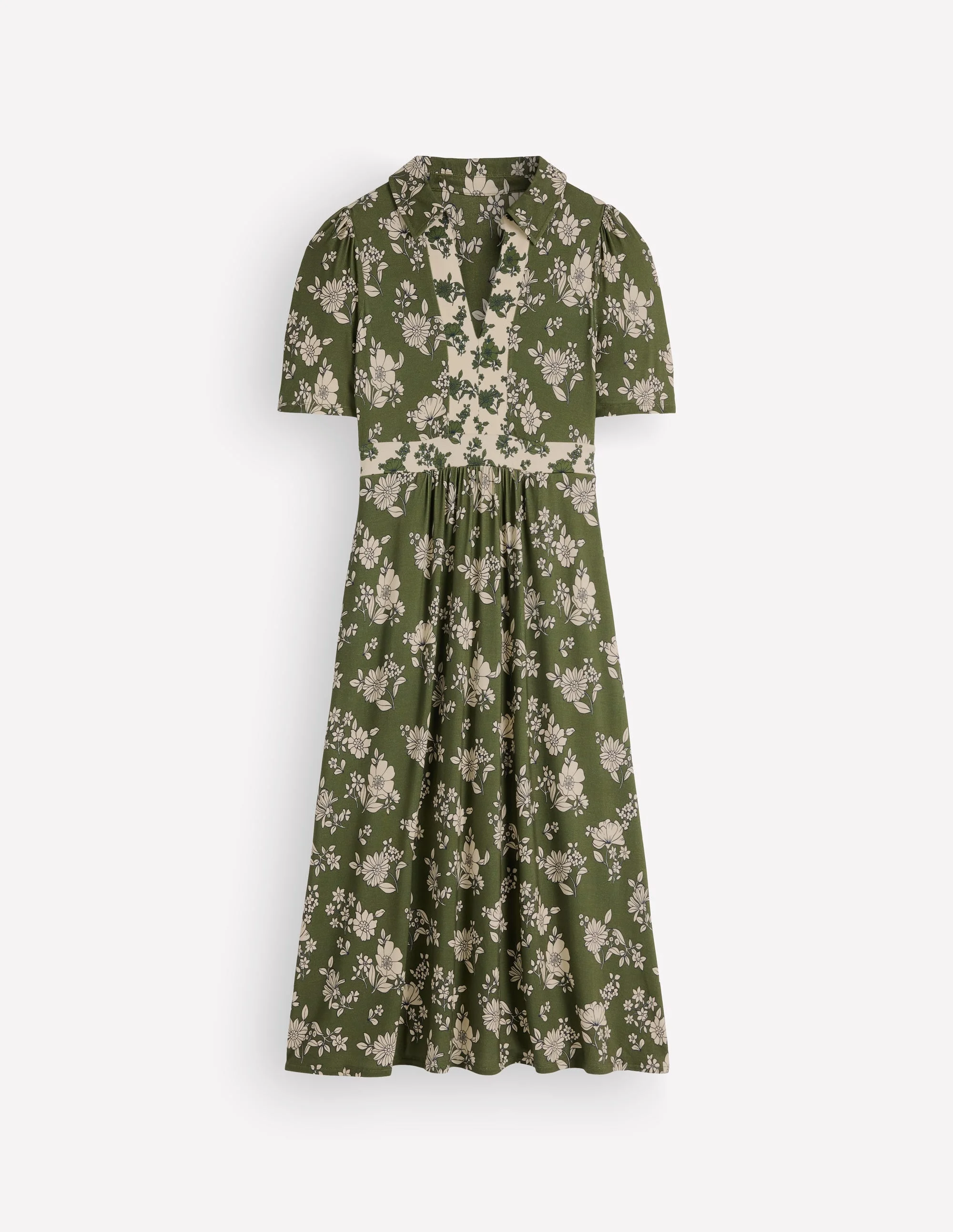Heidi Jersey Midi Tea Dress-Olive, Floral Field Spaced - 1