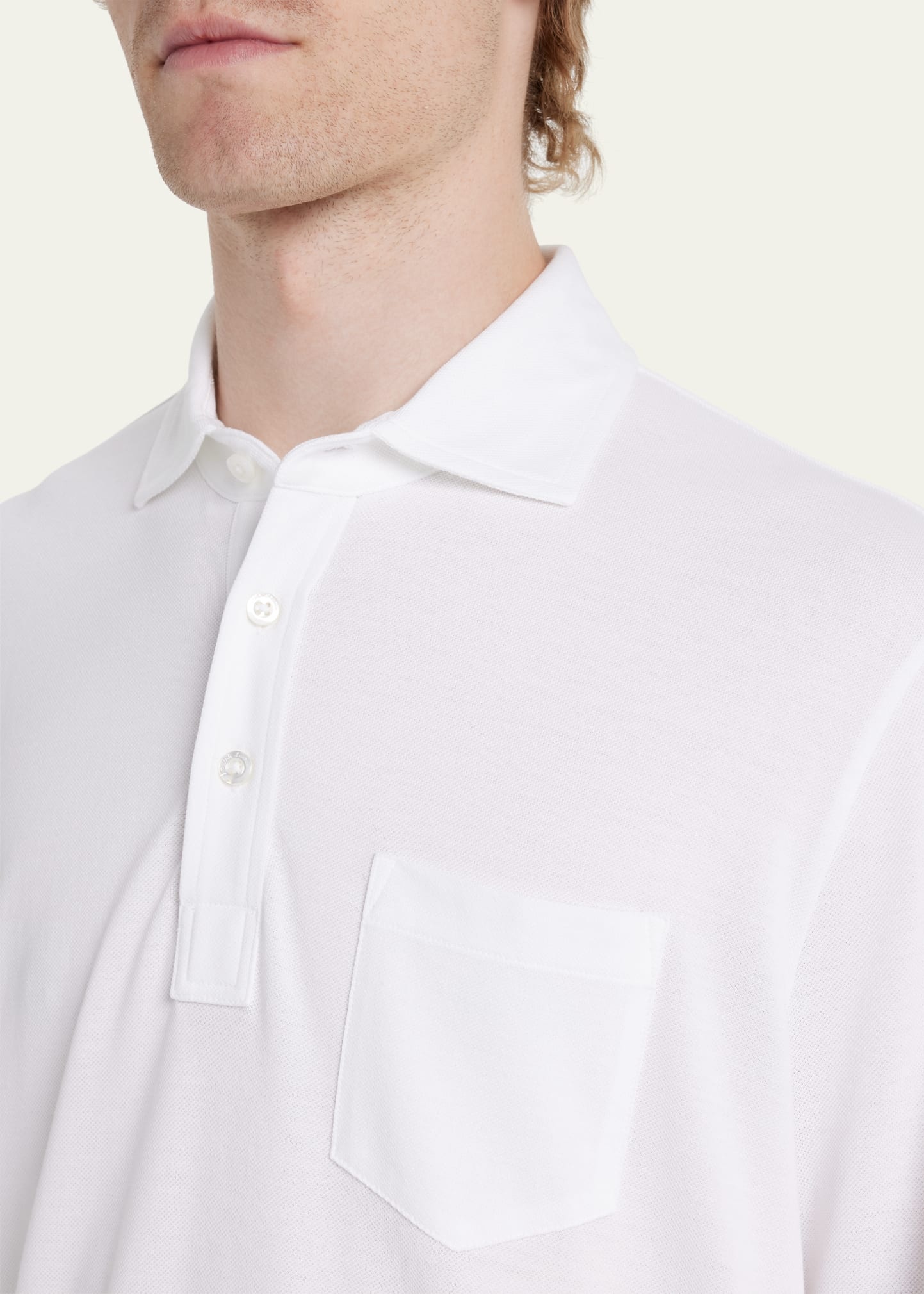 Men's Washed Long-Sleeve Pocket Polo Shirt, White - 5